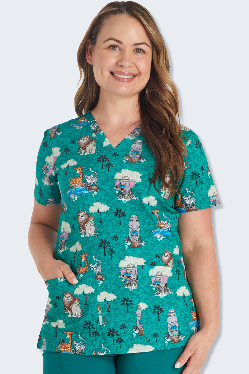 CK651 Wild Side Printed Nursing Scrubs African Animals on Safari