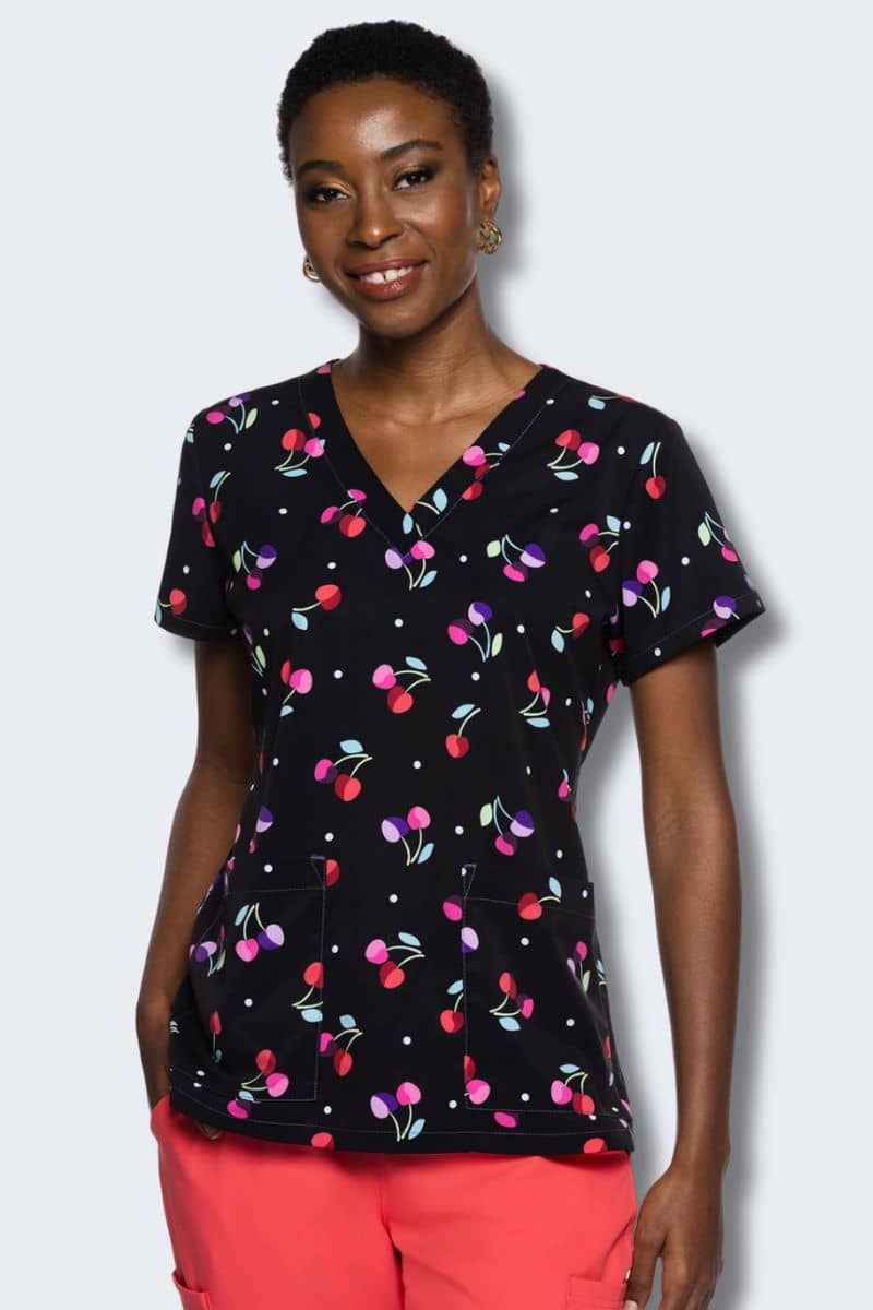 MC8564 V-Neck Print Top – Cherry On Playful Scrub Top