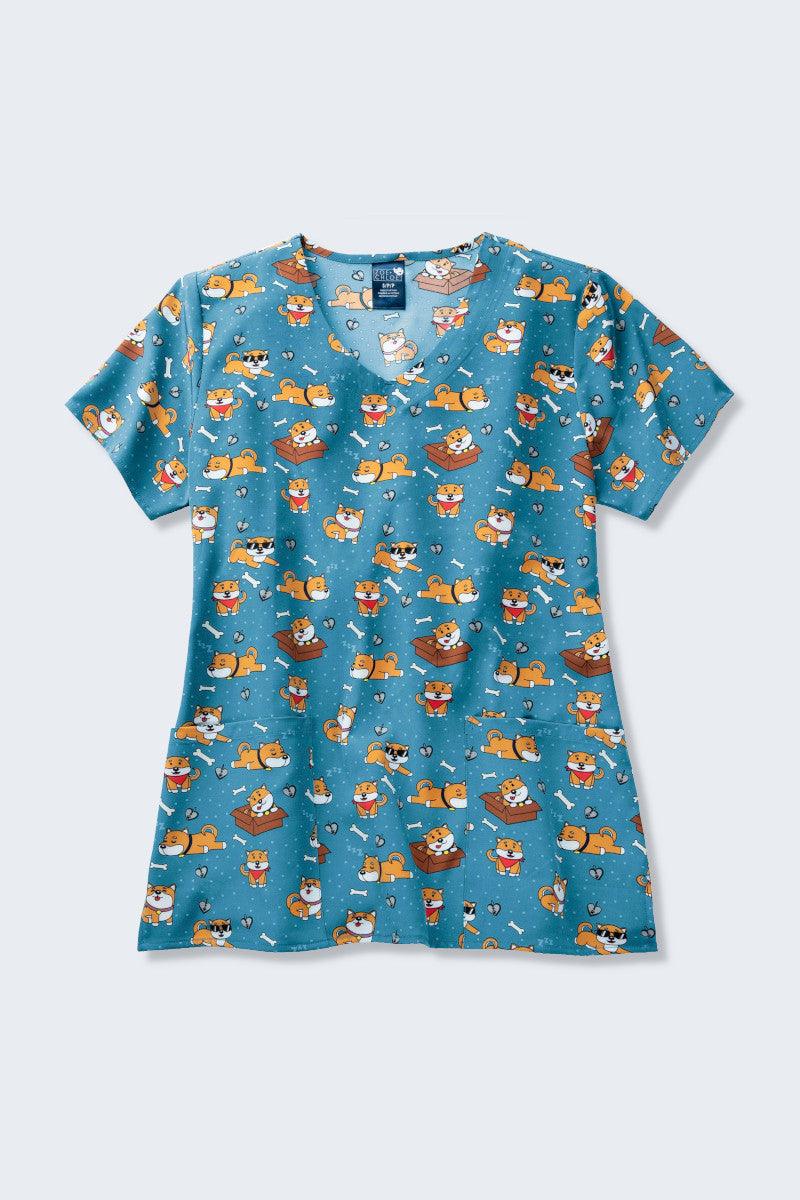 Z12213 Shiba Song Women's Fun Dog Print Scrub Top Infectious Shop