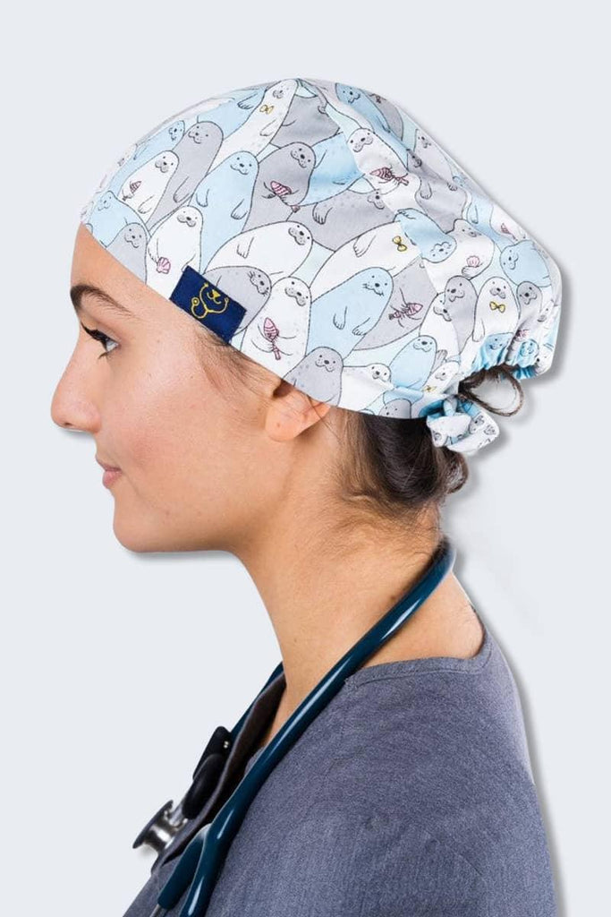 SC-12 Dr. Woof Seals Printed Scrub Hat with back-tie,Infectious Clothing Company