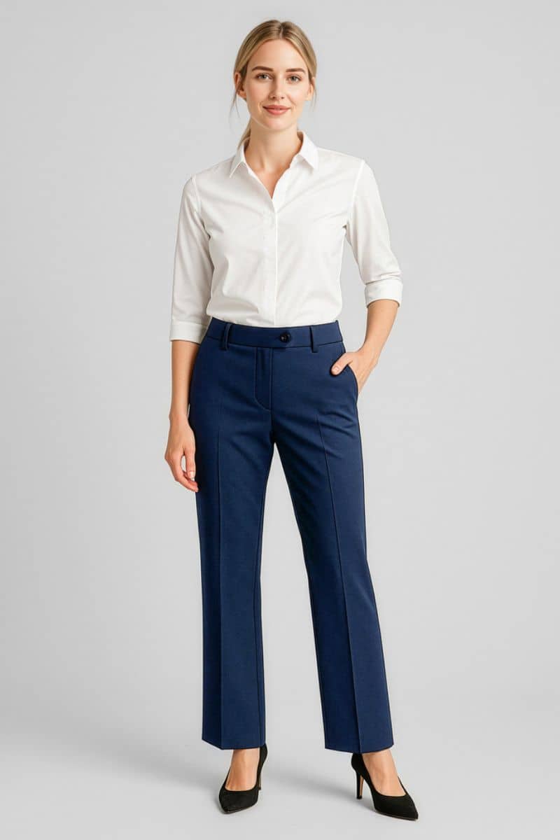 Woman wearing a white shirt and navy pants on a gray background