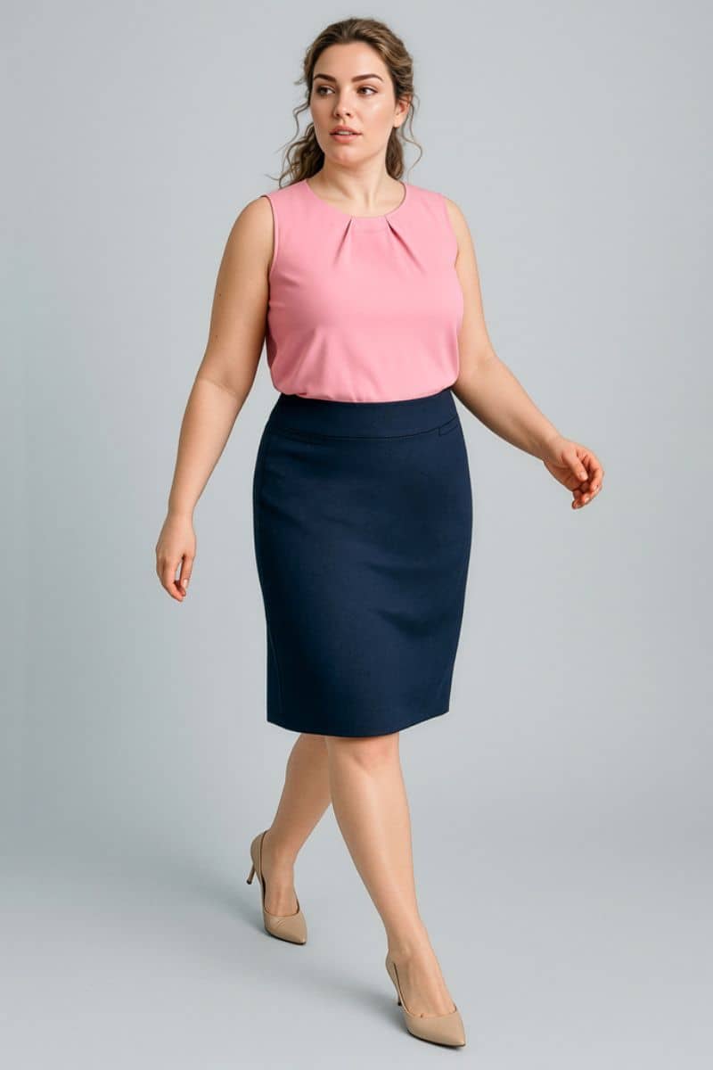 Woman wearing a pink sleeveless top and navy skirt on a gray background