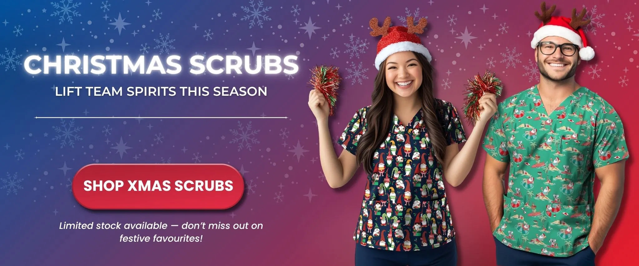 Two people wearing Christmas-themed scrubs with a promotional banner for Xmas scrubs. Infectious.com.au