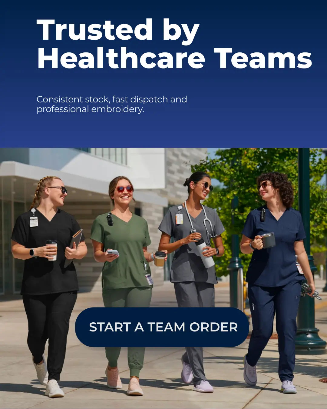 Four healthcare professionals walking outdoors with promotional text about team orders. infectious.com.au