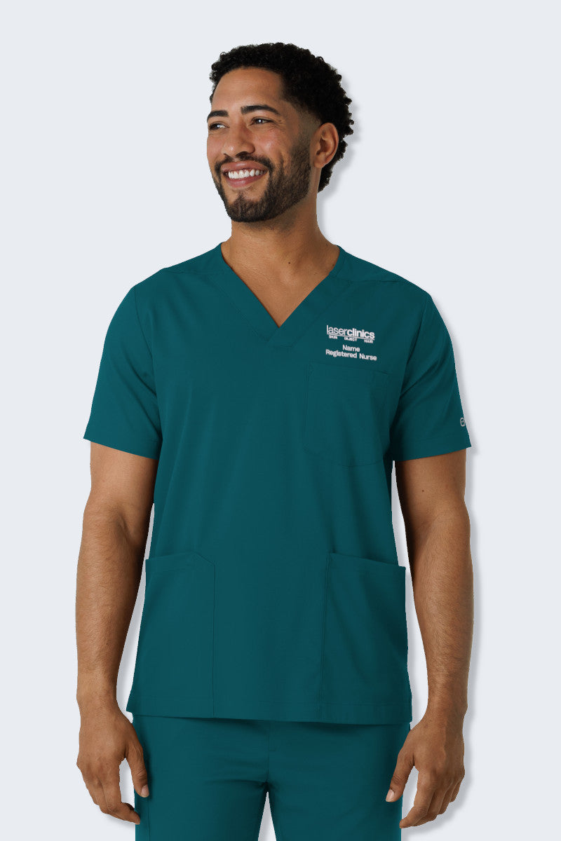 Man wearing teal medical scrubs with a logo on a white background