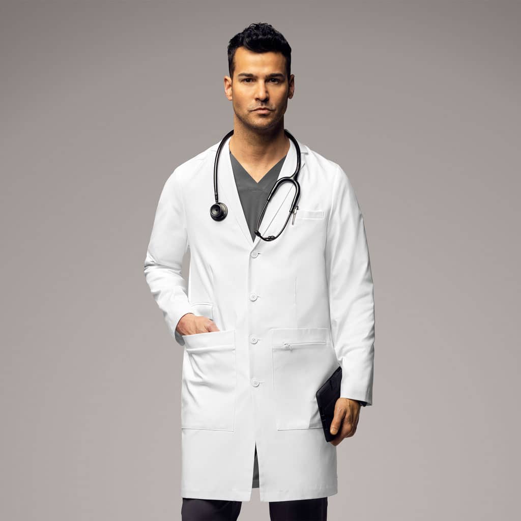 Doctor wearing white lab coat, stethoscope and ipad. Infectious Clothing Company