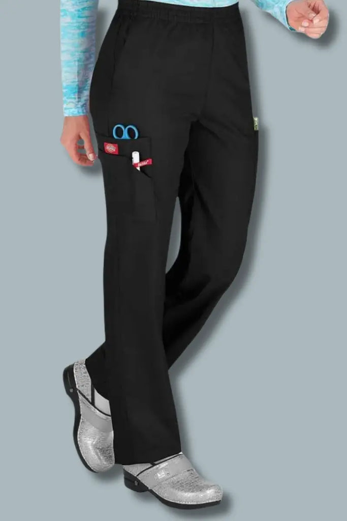 Black pants with pocket designs on a gray background - Dickies 86106 Women's Classic Scrub pants