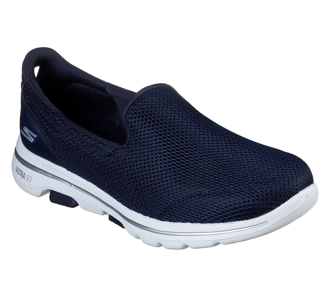 Navy slip-on shoe with white sole on a white background