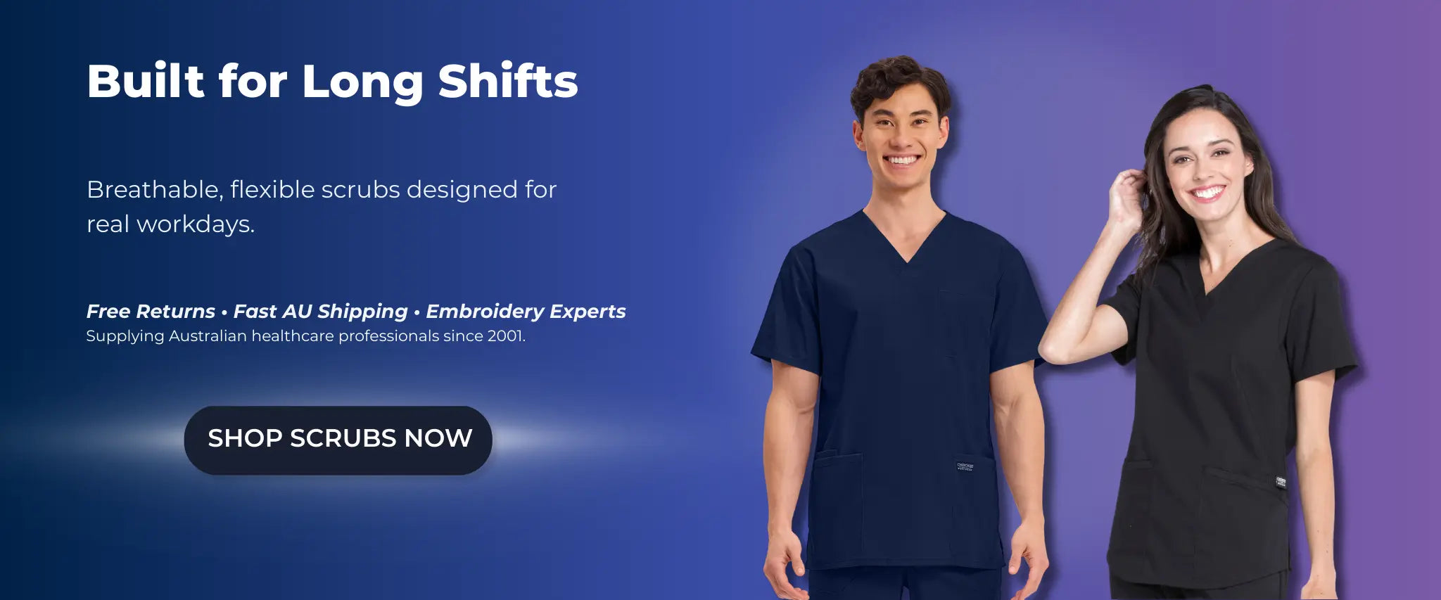 Two people wearing medical scrubs with promotional text on a purple background. infectious.com.au blog post