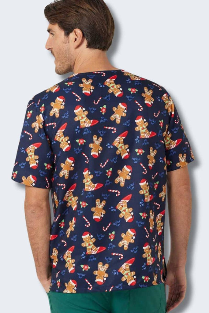 CATRST Gingerbread Surfer Navy Unisex Christmas Scrub Top,Infectious Clothing Company