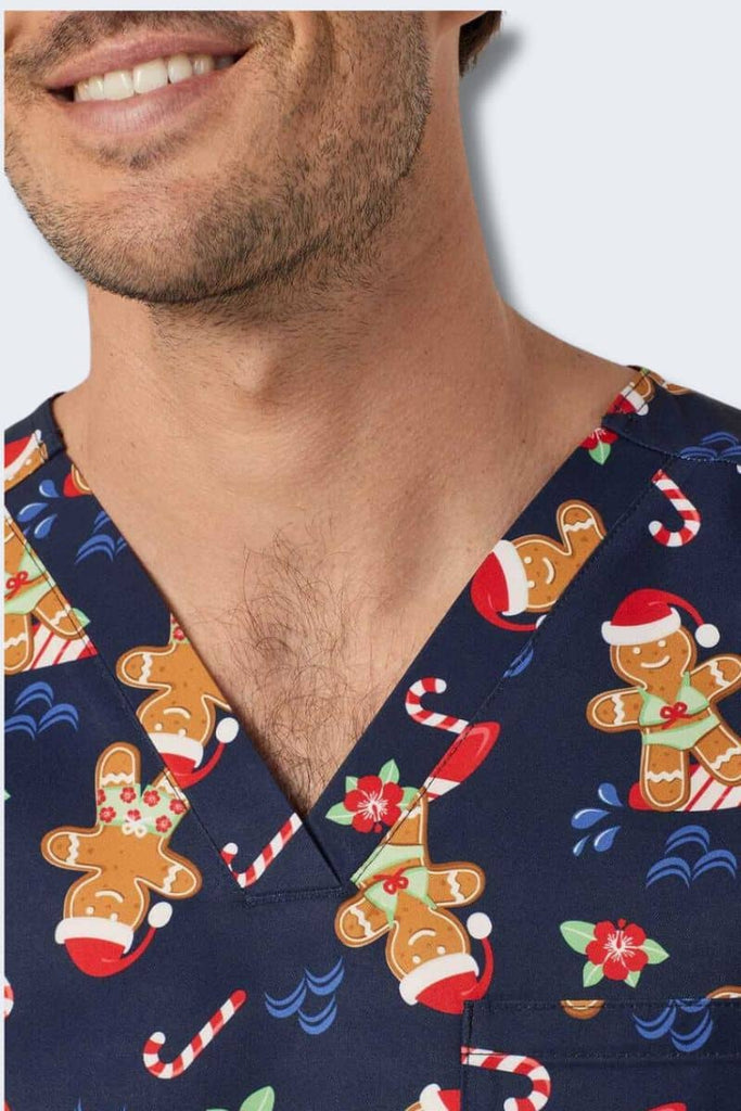 CATRST Gingerbread Surfer Navy Unisex Christmas Scrub Top,Infectious Clothing Company