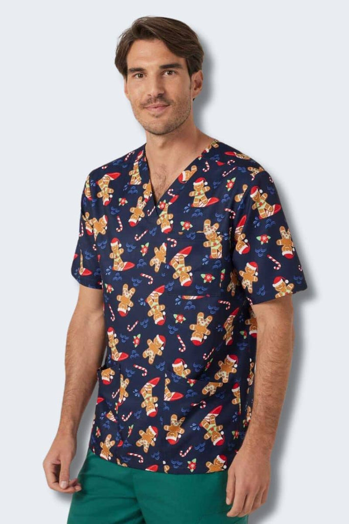 CATRST Gingerbread Surfer Navy Unisex Christmas Scrub Top,Infectious Clothing Company