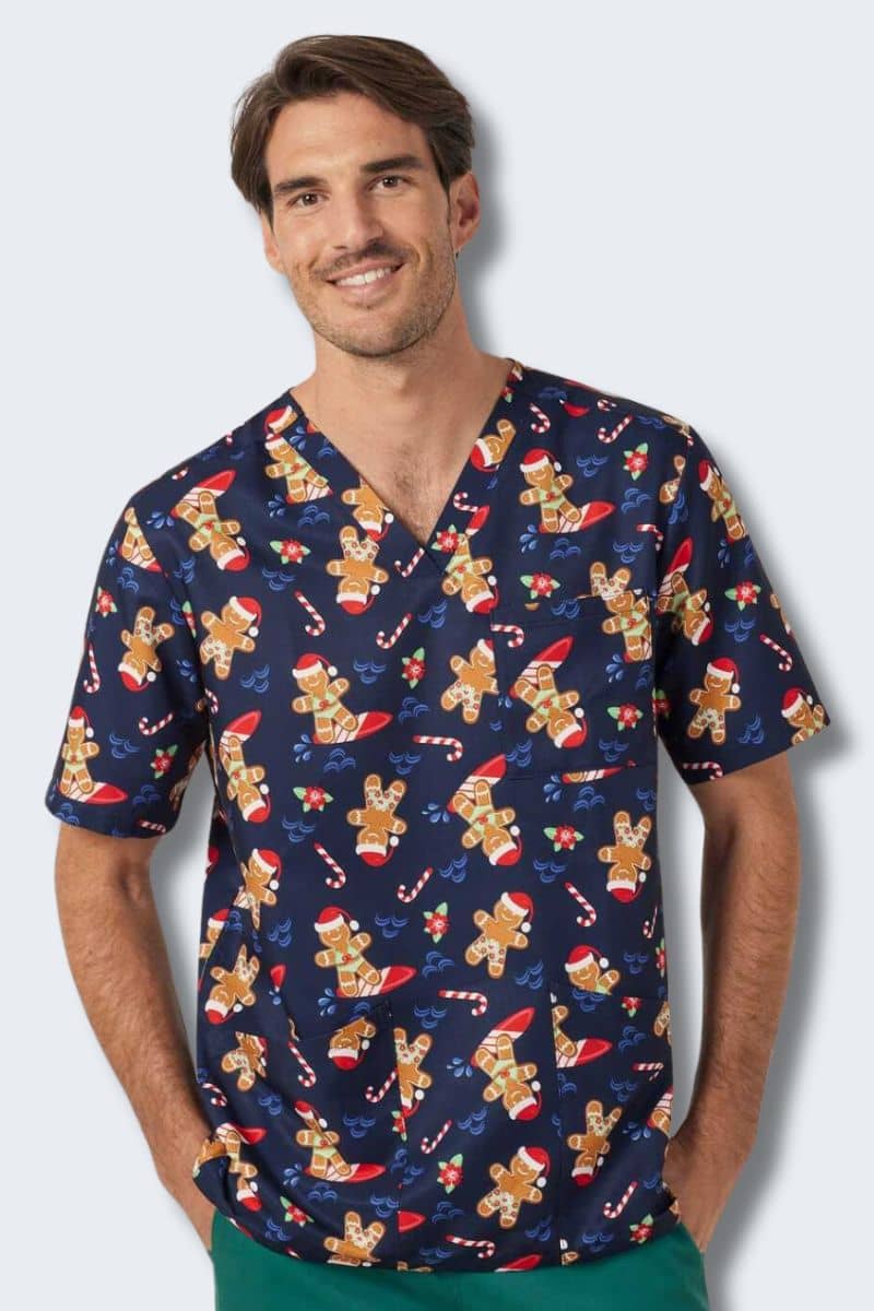CATRST Gingerbread Surfer Navy Unisex Christmas Scrub Top,Infectious Clothing Company