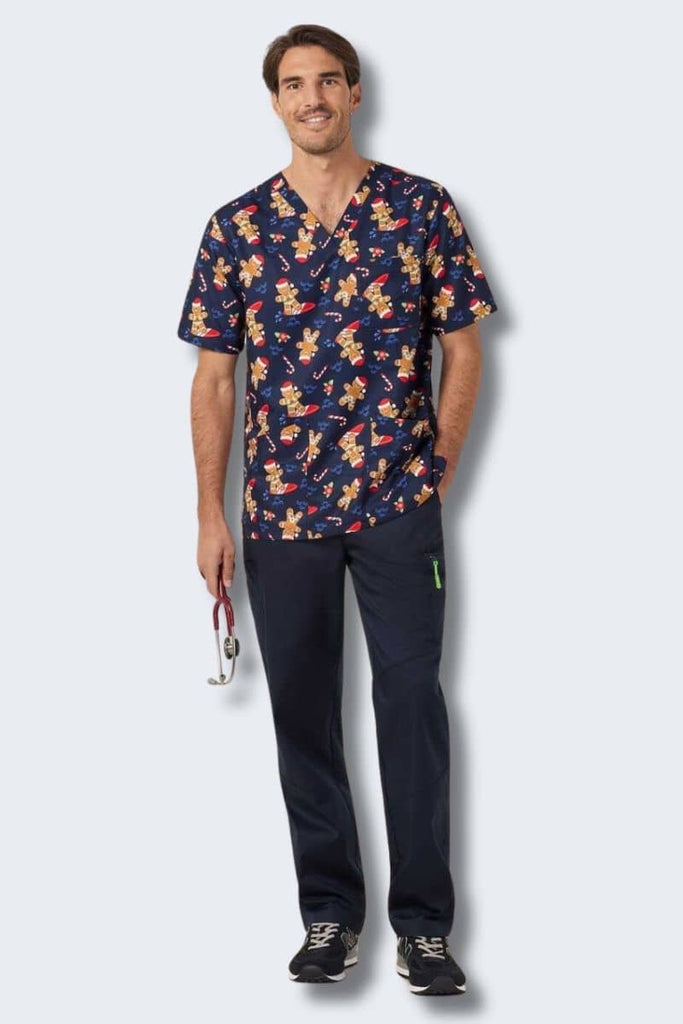 CATRST Gingerbread Surfer Navy Unisex Christmas Scrub Top,Infectious Clothing Company