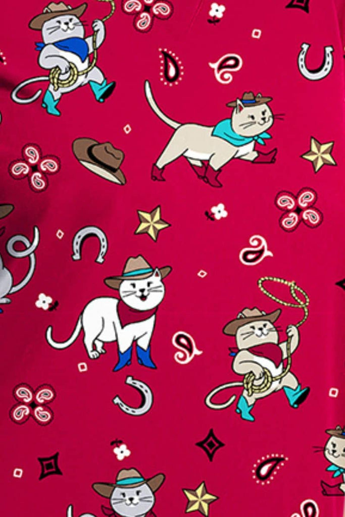 CK856 Cherokee Cowgirl Kitty Print Scrub Top,Infectious Clothing Company