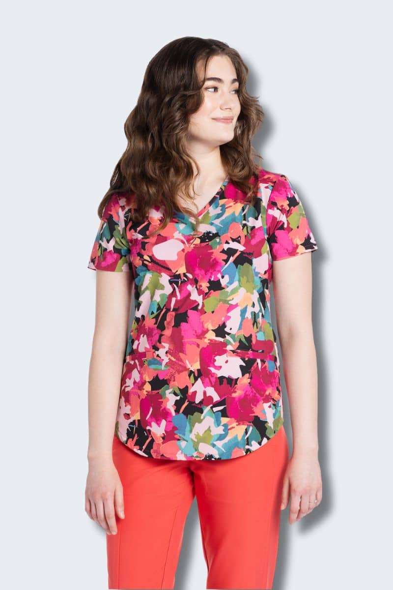 CK637 Cherokee Women's Abstract Petals Print Scrub Top,Infectious Clothing Company