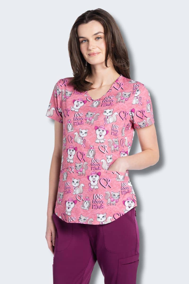 CK637 Cherokee Women's We Wear Pink Print Scrub Top,Infectious Clothing Company