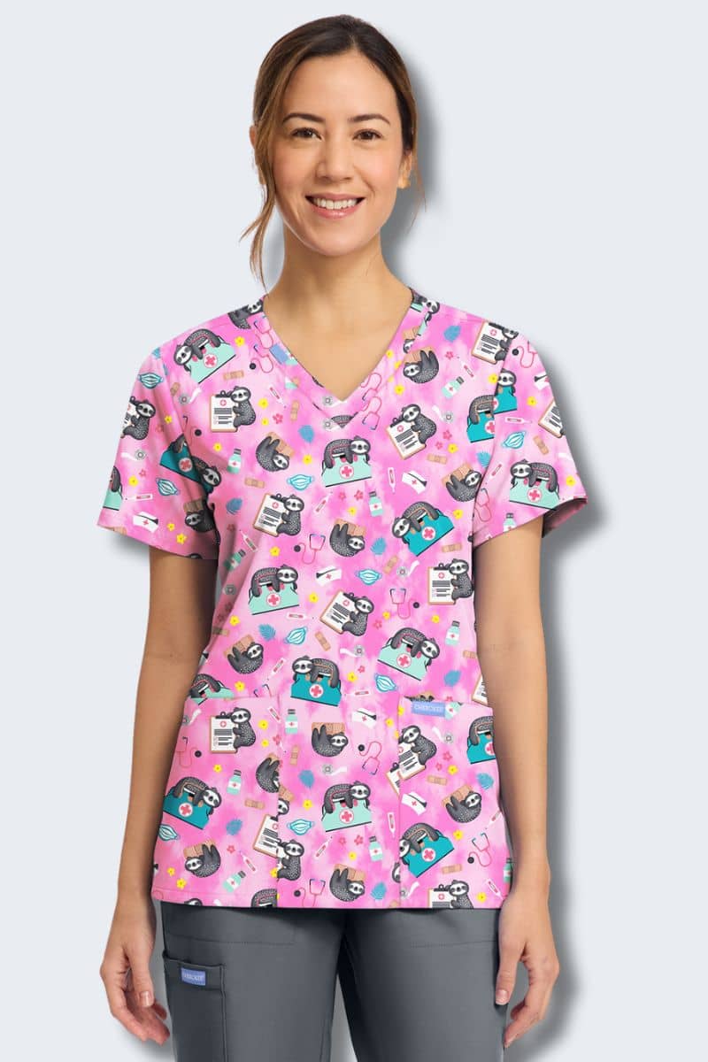 CK856 Cherokee Nurse Sloth Scrub Top,Infectious Clothing Company