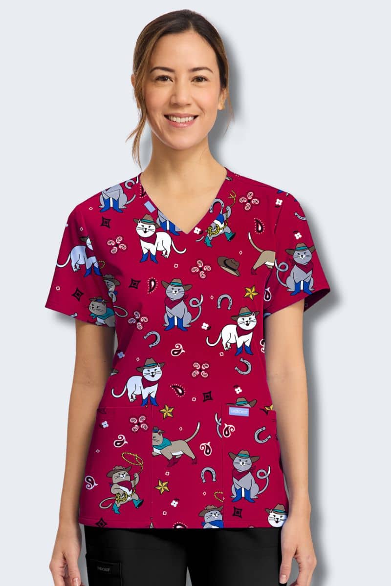 CK856 Cherokee Cowgirl Kitty Print Scrub Top,Infectious Clothing Company
