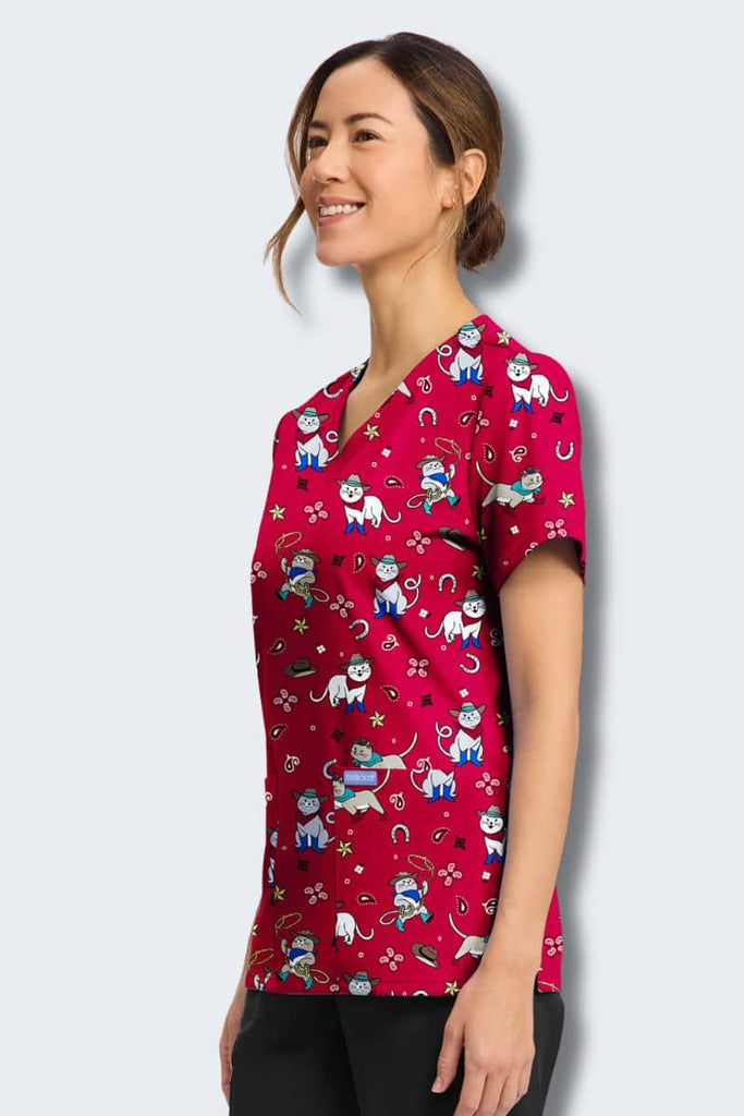 CK856 Cherokee Cowgirl Kitty Print Scrub Top,Infectious Clothing Company