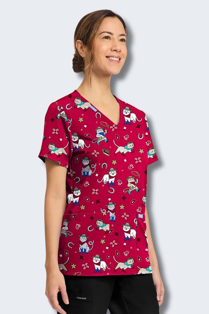CK856 Cherokee Cowgirl Kitty Print Scrub Top,Infectious Clothing Company