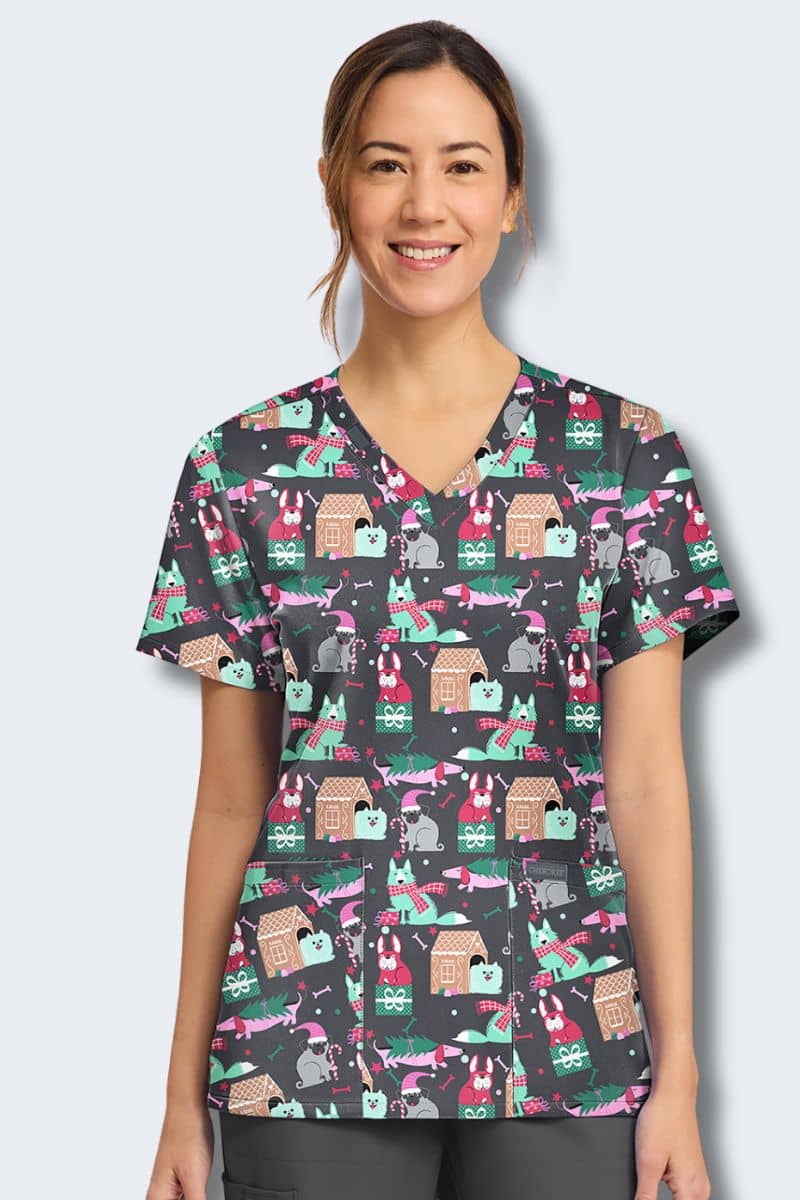 CK856 Cherokee Feliz Naughty Dogs Print Scrub Top,Infectious Clothing Company