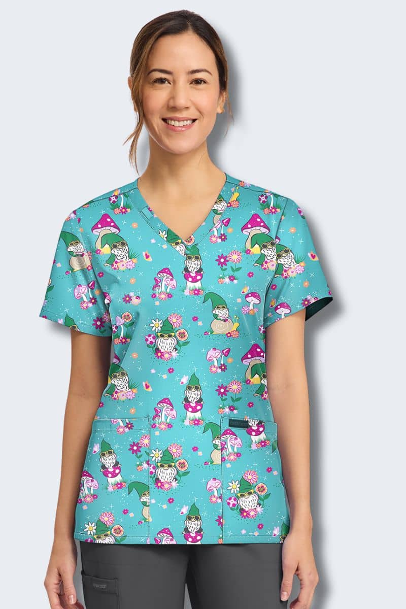 CK856 Cherokee Gnomes At Home Print Scrub Top,Infectious Clothing Company