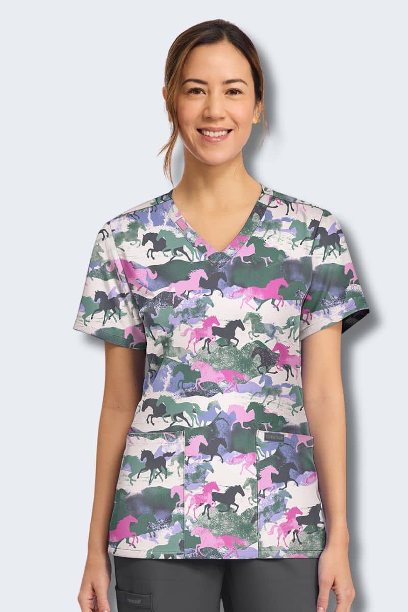 CK856 Cherokee Horse Play Print Scrub Top,Infectious Clothing Company