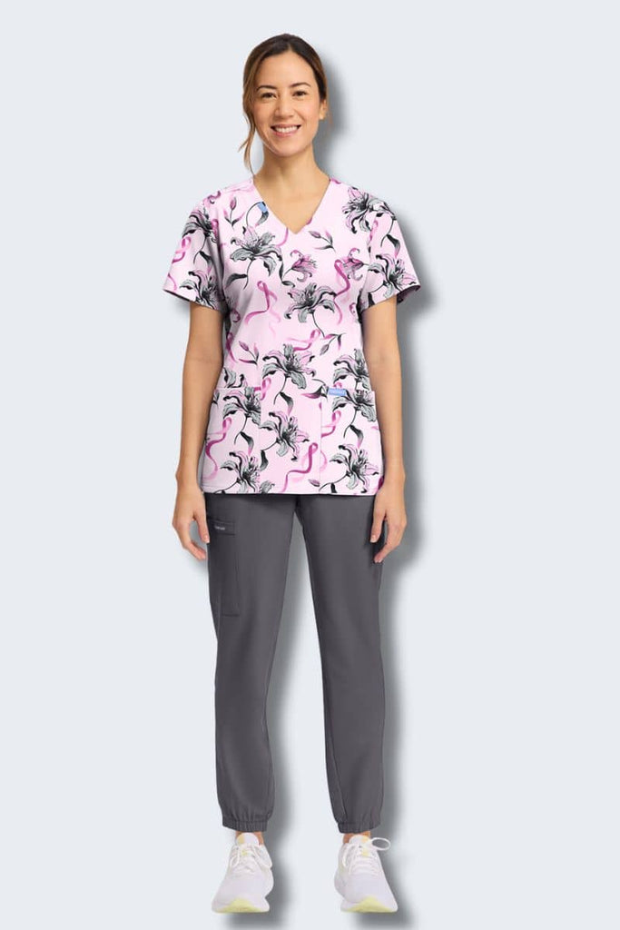 CK856 Cherokee Loving Lilies Print Scrub Top,Infectious Clothing Company