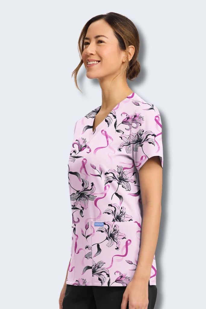 CK856 Cherokee Loving Lilies Print Scrub Top,Infectious Clothing Company