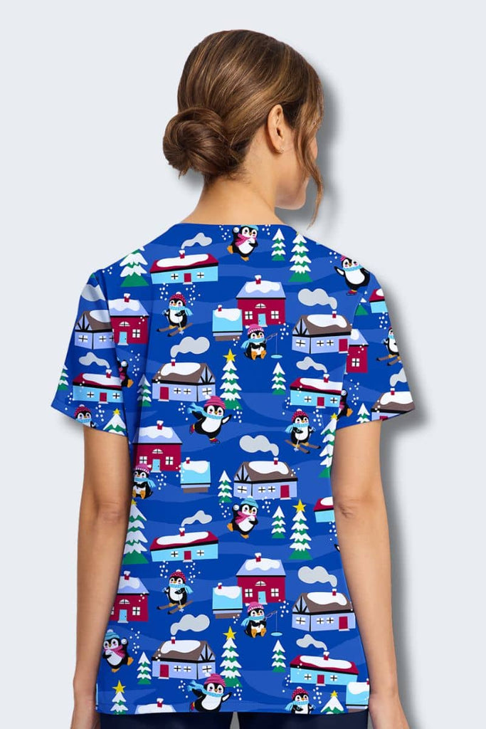 CK856 Cherokee Penguins Playing Print Scrub Top,Infectious Clothing Company