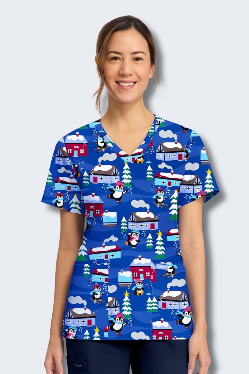 CK856 Cherokee Penguins Playing Print Scrub Top,Infectious Clothing Company