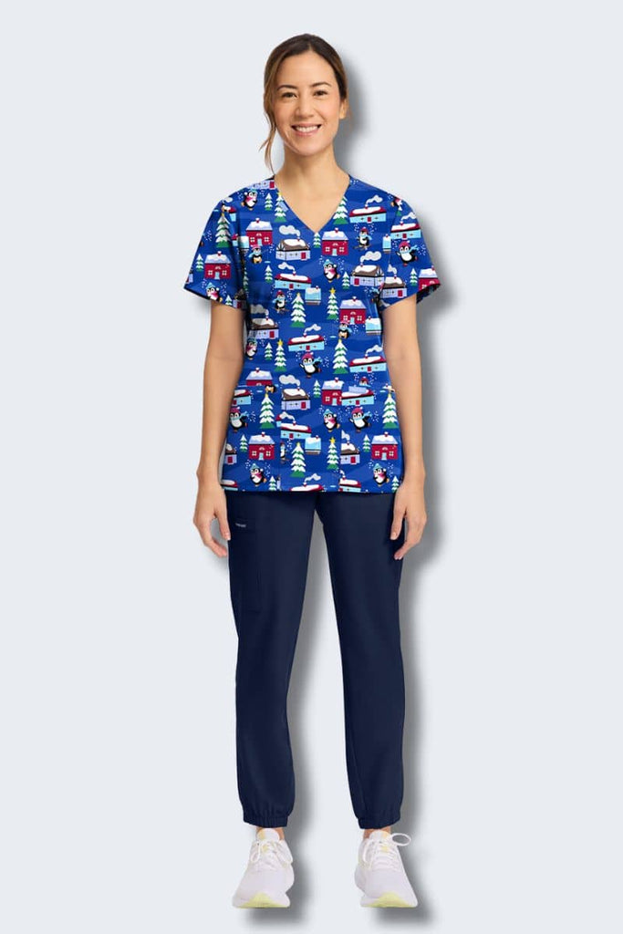 CK856 Cherokee Penguins Playing Print Scrub Top,Infectious Clothing Company