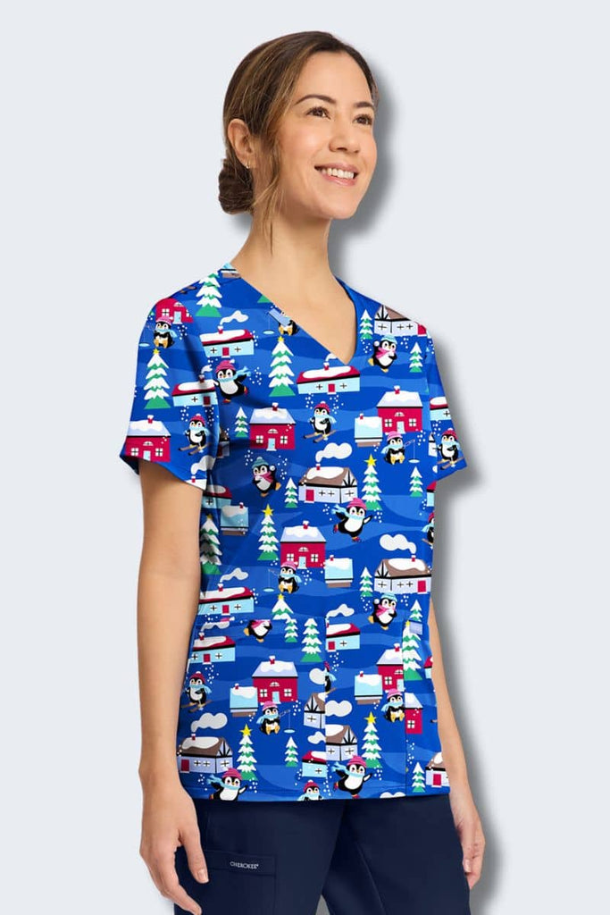 CK856 Cherokee Penguins Playing Print Scrub Top,Infectious Clothing Company