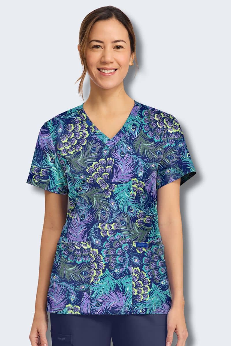 CK856 Cherokee Pretty Peacock Print Scrub Top,Infectious Clothing Company