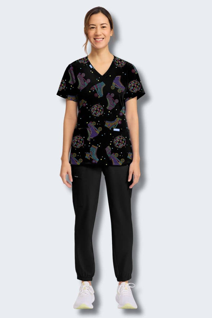 CK856 Cherokee Roller Disco Print Scrub Top,Infectious Clothing Company