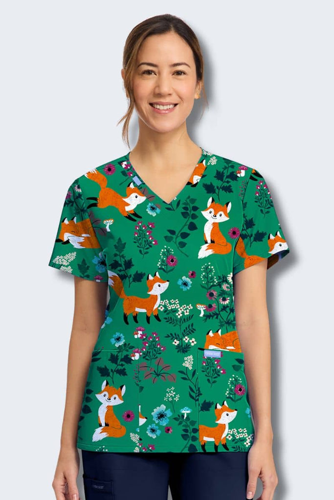 CK856 Cherokee Wild Fox Print Scrub Top,Infectious Clothing Company