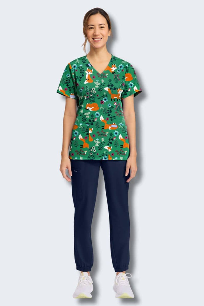 CK856 Cherokee Wild Fox Print Scrub Top,Infectious Clothing Company