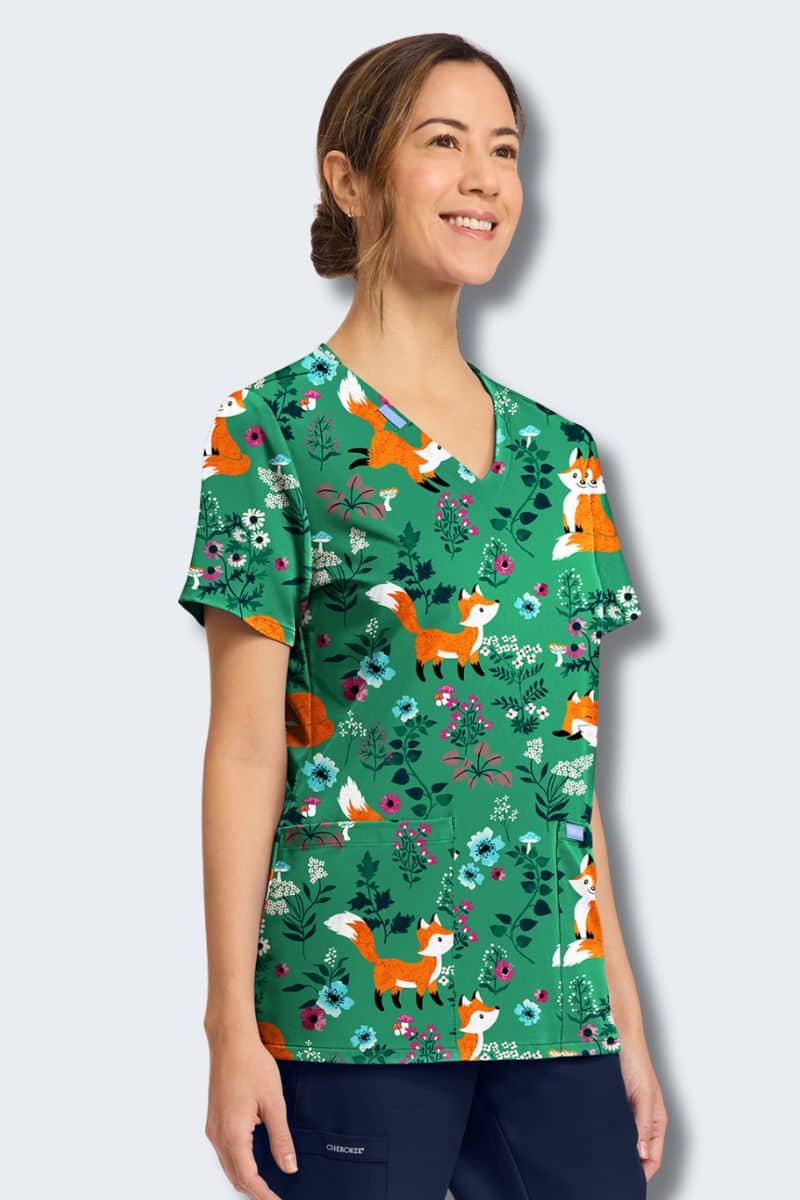 CK856 Cherokee Wild Fox Print Scrub Top,Infectious Clothing Company