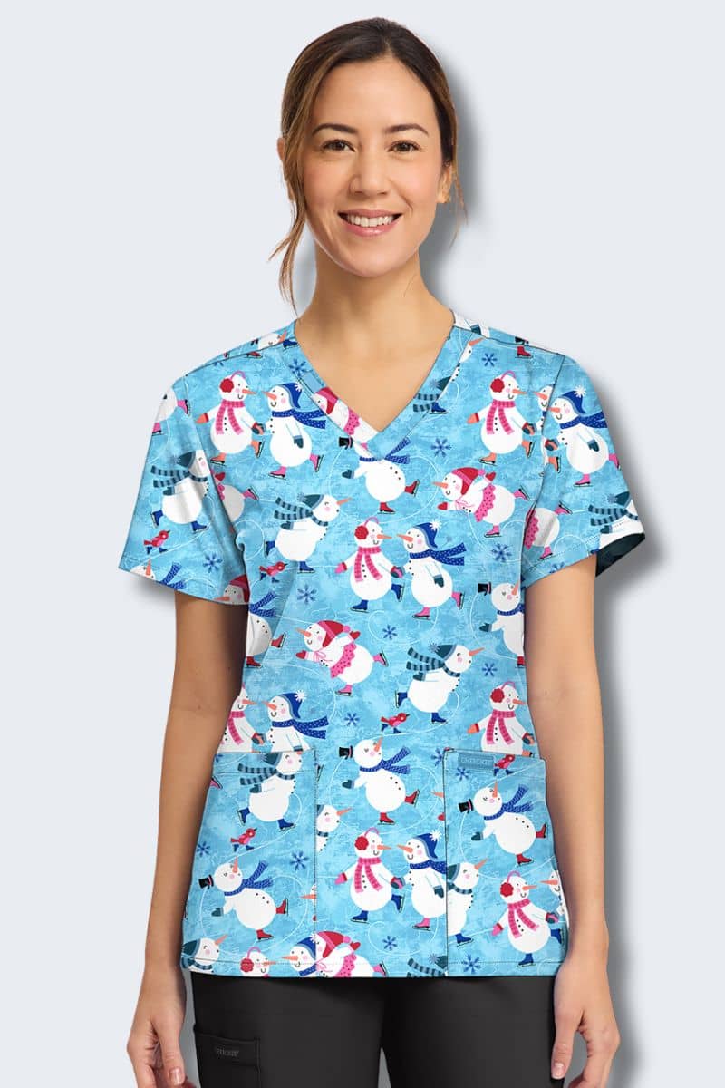 CK856 Cherokee Winter Wonderland Print Scrub Top,Infectious Clothing Company