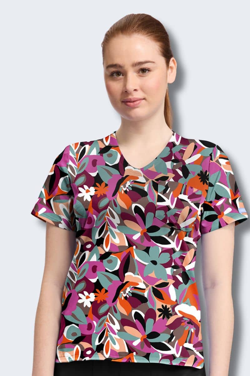 CK857 Cherokee Cut Flowers Print Scrub Top,Infectious Clothing Company