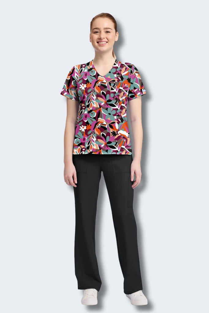 CK857 Cherokee Cut Flowers Print Scrub Top,Infectious Clothing Company