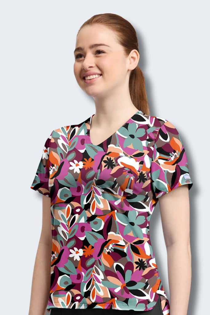 CK857 Cherokee Cut Flowers Print Scrub Top,Infectious Clothing Company