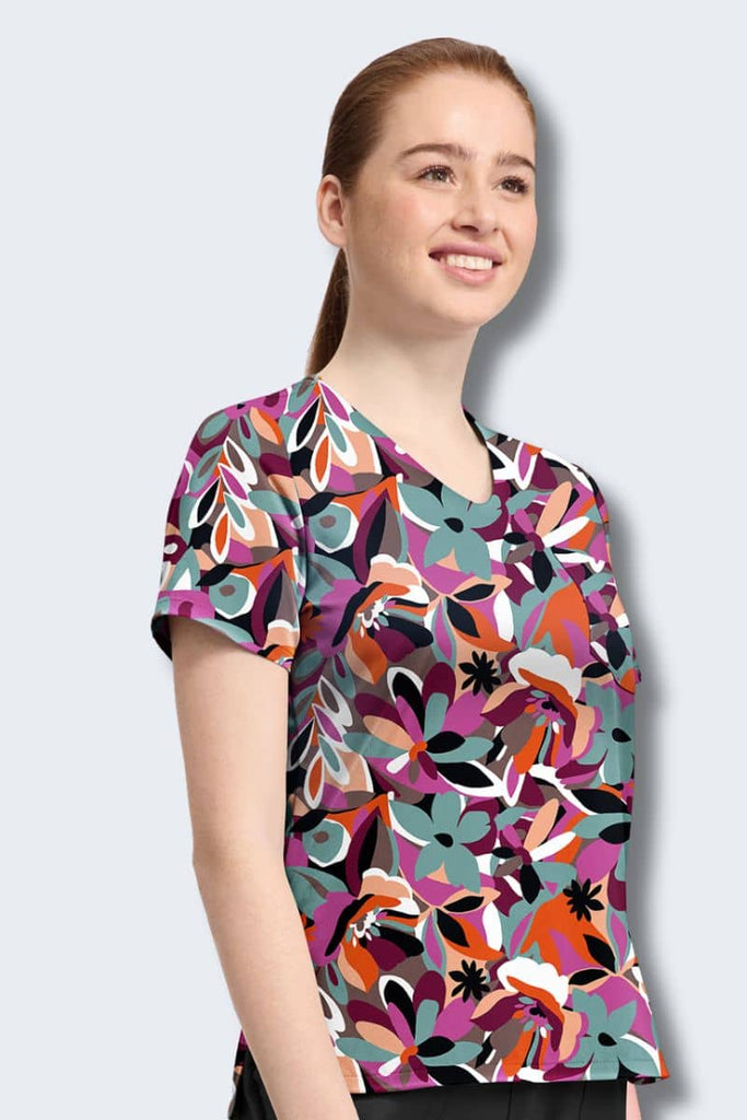 CK857 Cherokee Cut Flowers Print Scrub Top,Infectious Clothing Company