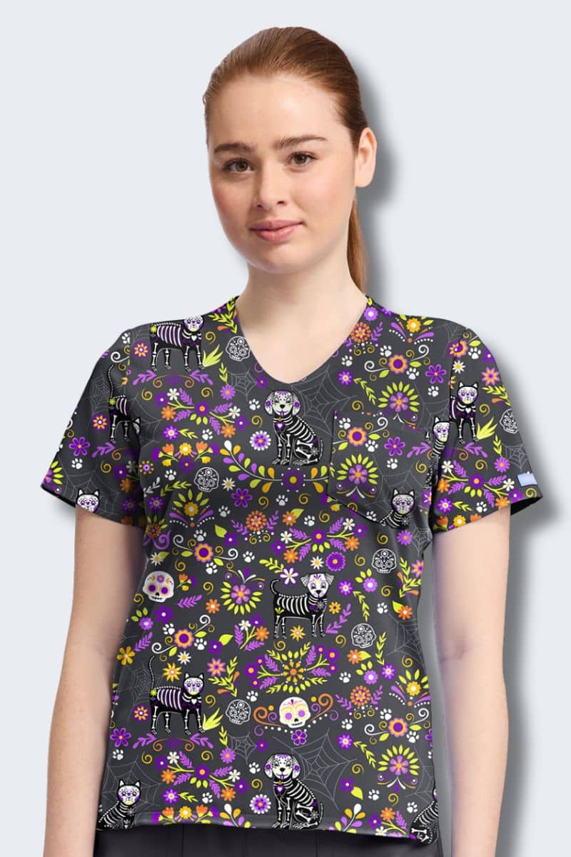 CK857 Cherokee Day of the Pets Print Scrub Top,Infectious Clothing Company