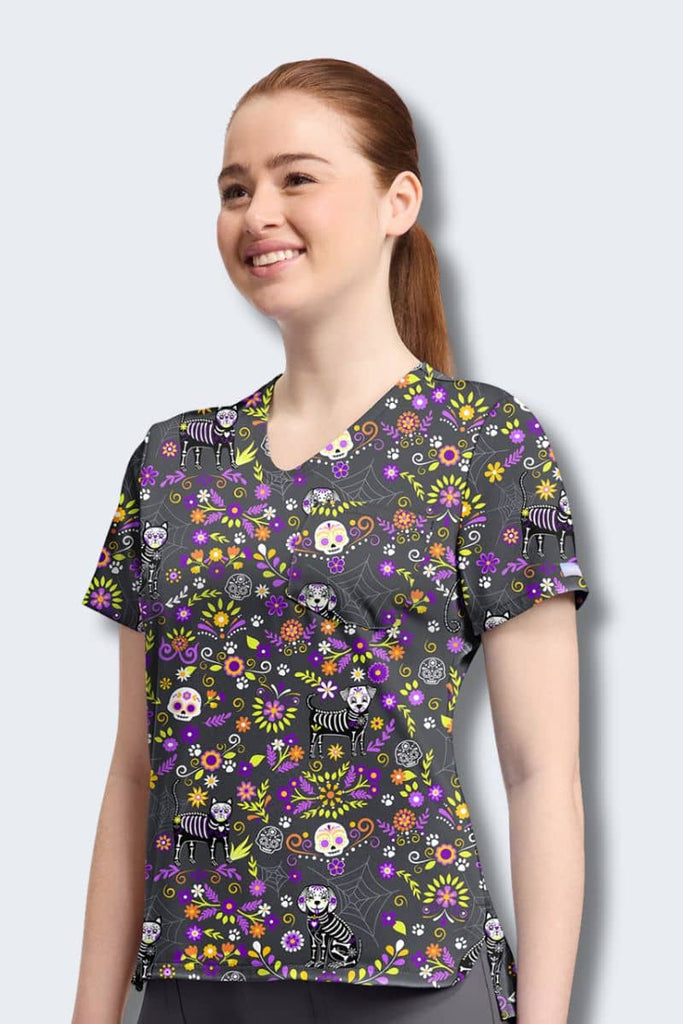 CK857 Cherokee Day of the Pets Print Scrub Top,Infectious Clothing Company