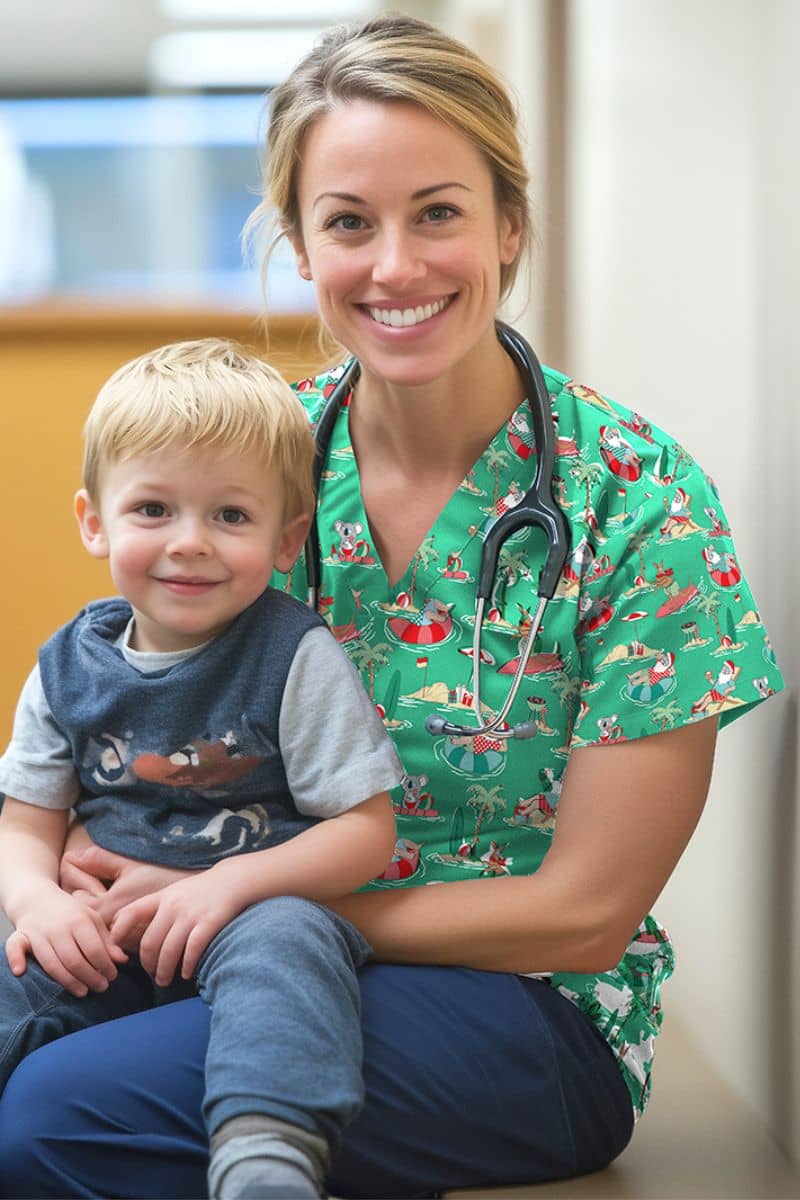 Nurse in green scrubs with a child in a hospital setting