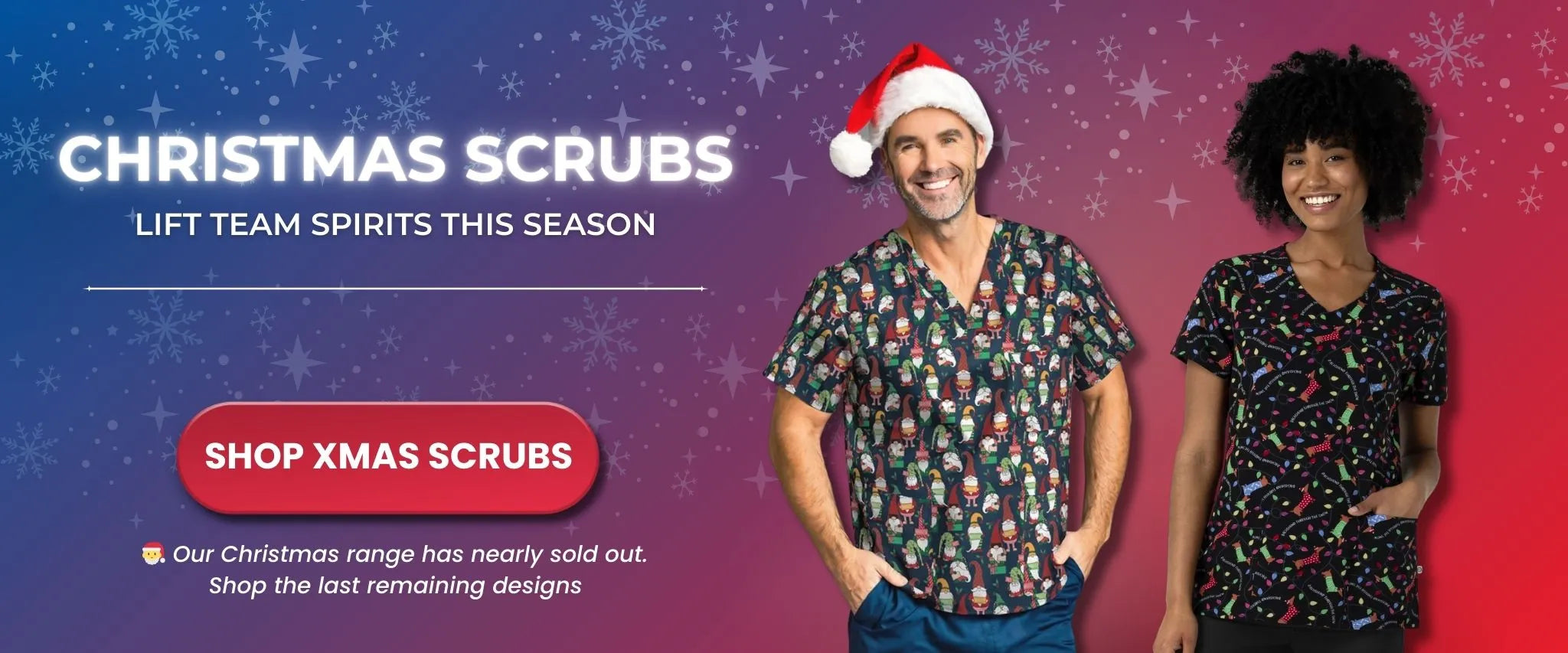 Two people wearing Christmas-themed scrubs with a promotional message on a colorful background.