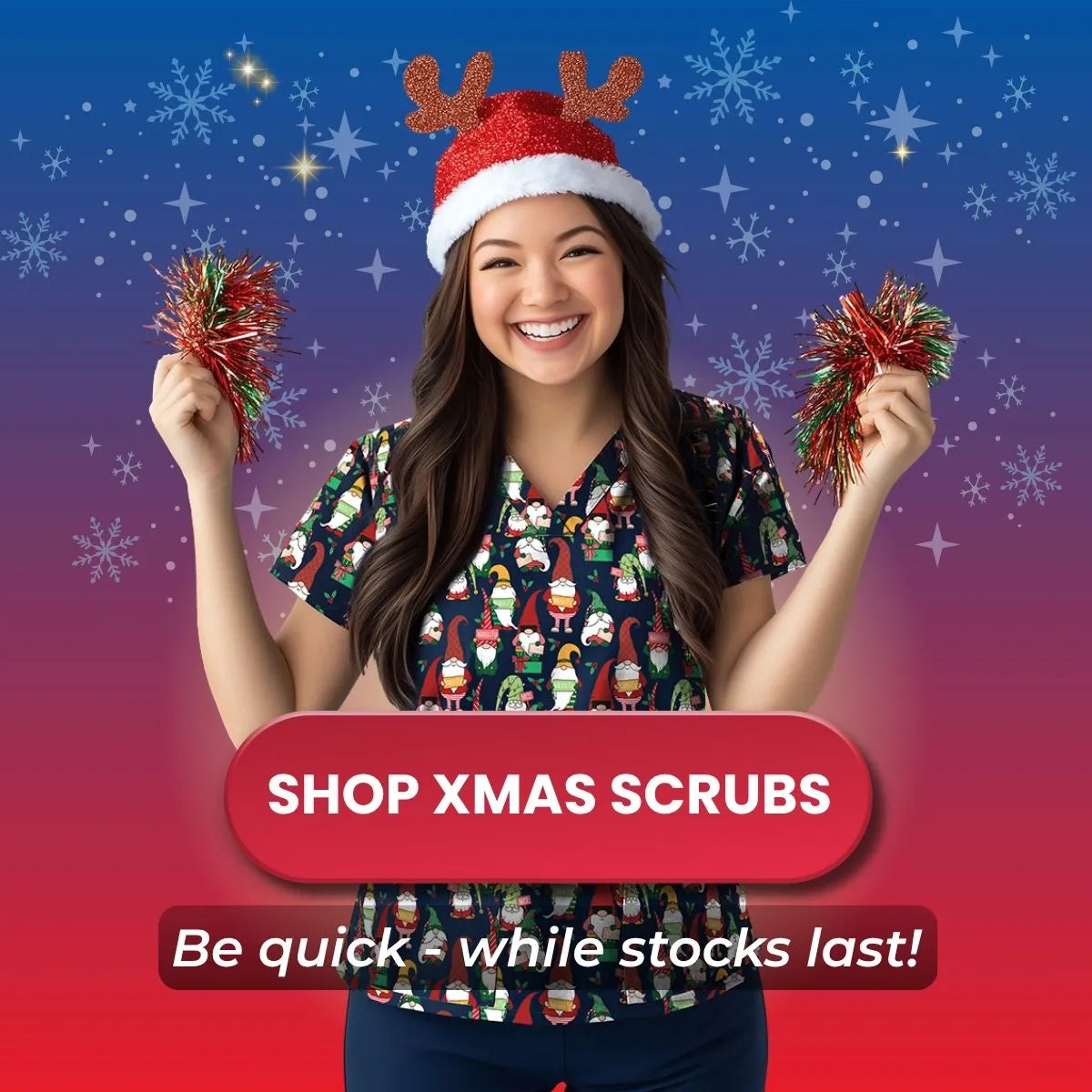 Person wearing Christmas-themed scrubs with festive hat and pom-poms against a colorful holiday background.