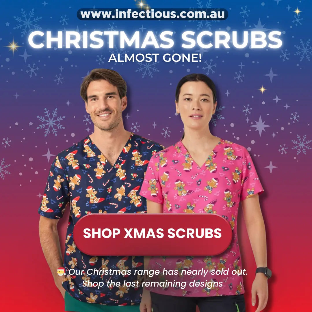 Two people wearing colorful Christmas-themed scrubs with a promotional message on a festive background.